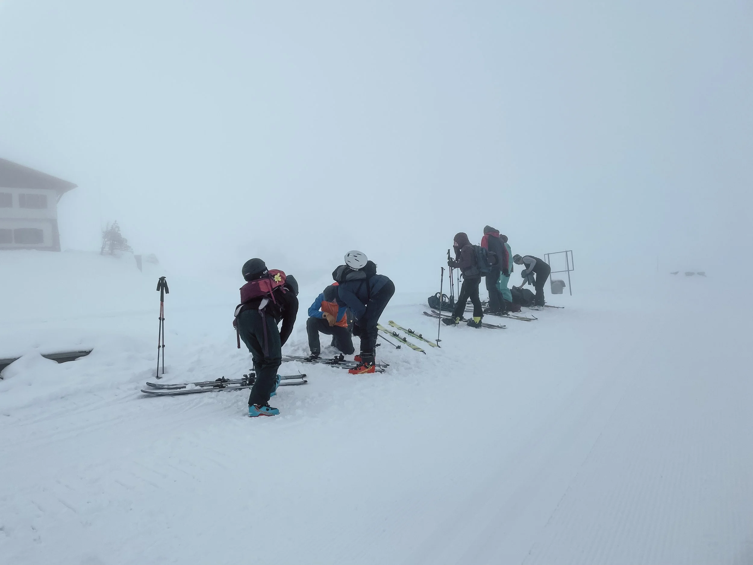Gruppe von Skifahrern in winterlicher Berglandschaft bei Nebel, die sich auf das Skifahren vorbereiten.