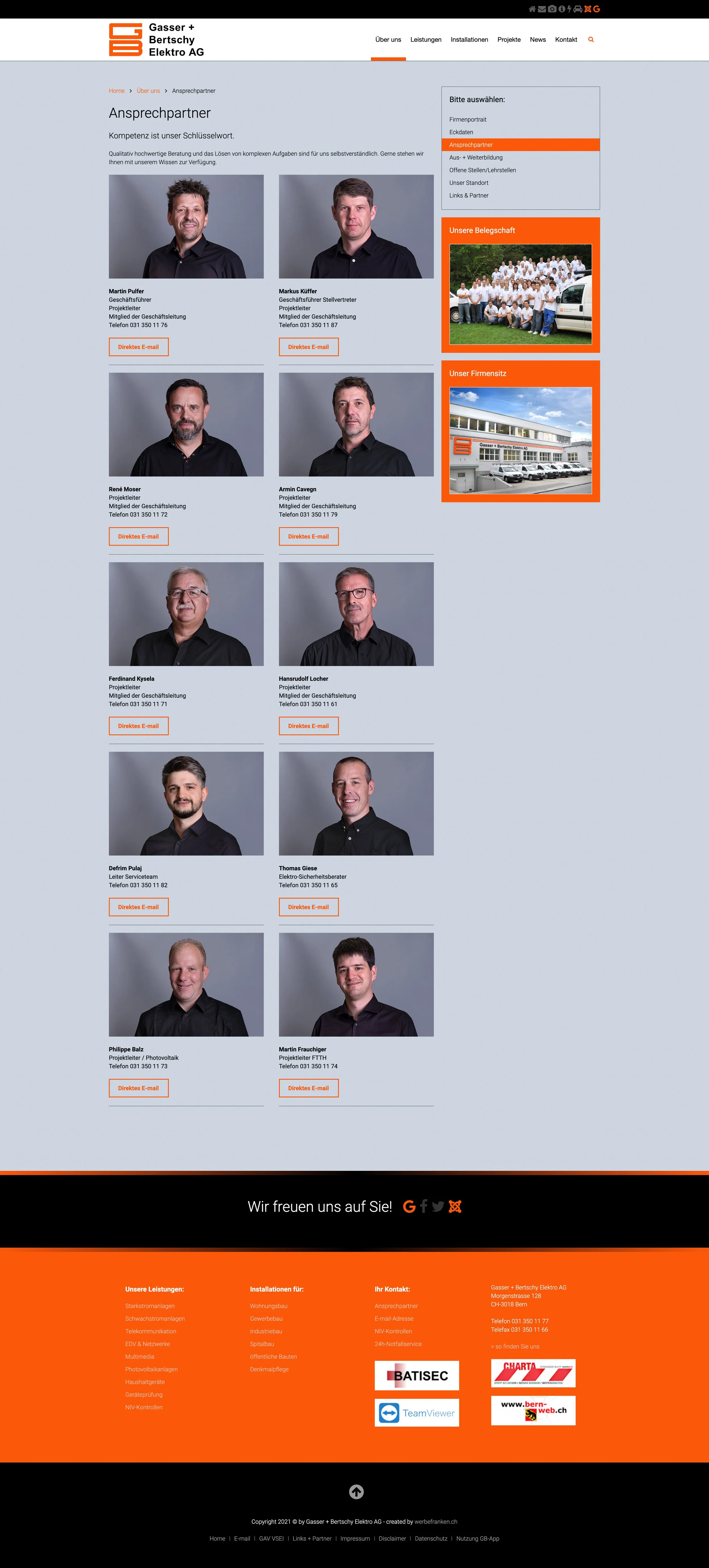 Webseite der Firma Gasser + Bertschy Elektro AG mit Bildern der Ansprechpartner, Firmensitz und Belegschaft.