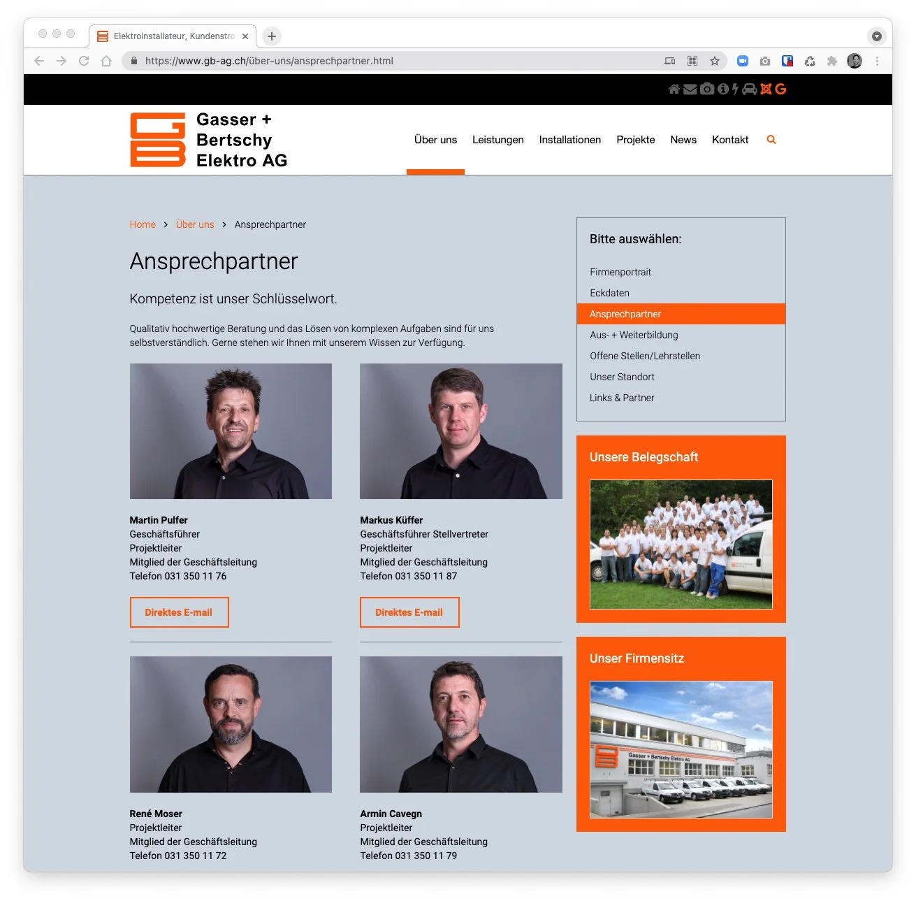 Webseitenbild der Firma Gasser + Bertschy Elektro AG mit Fotos der Führungskräfte und Firmengebäude.