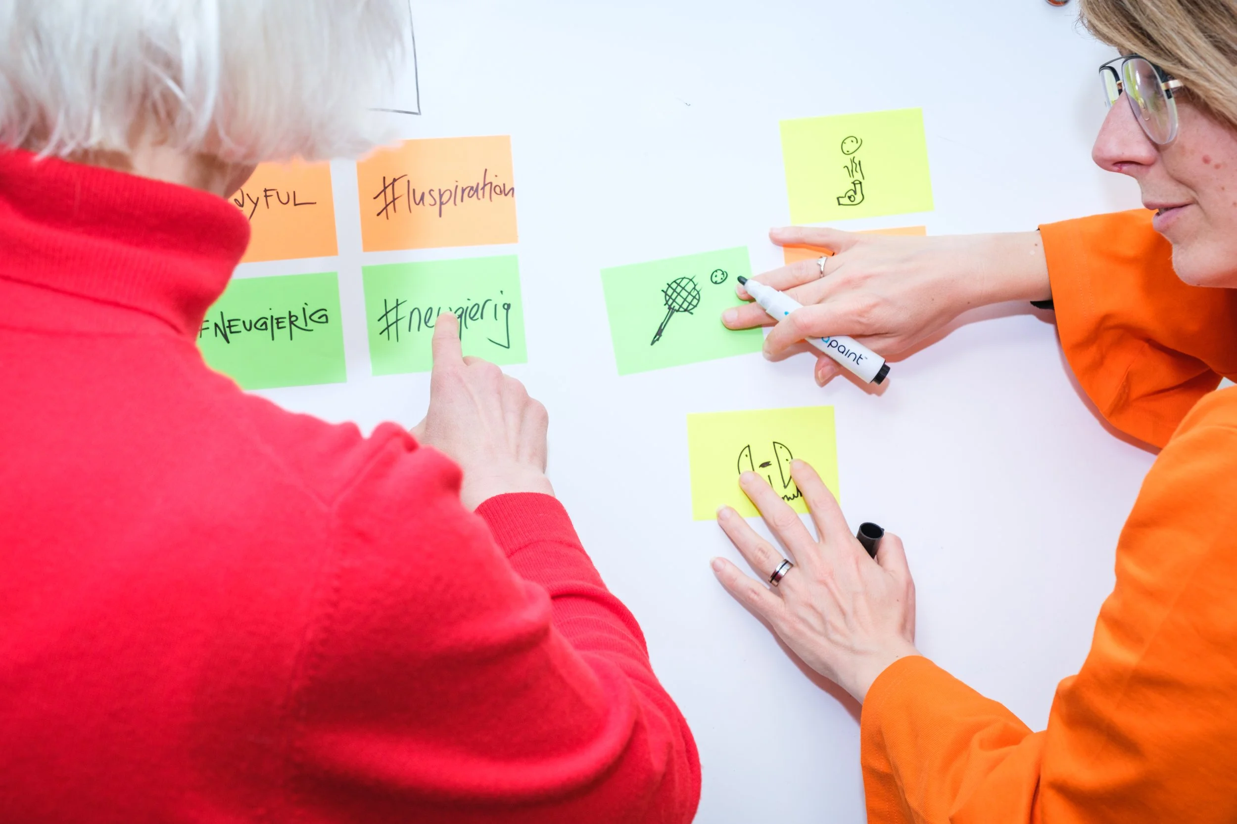 Zwei Frauen diskutieren an einem weißen Tisch mit bunten Post-it-Notizen und handgezeichneten Skizzen.