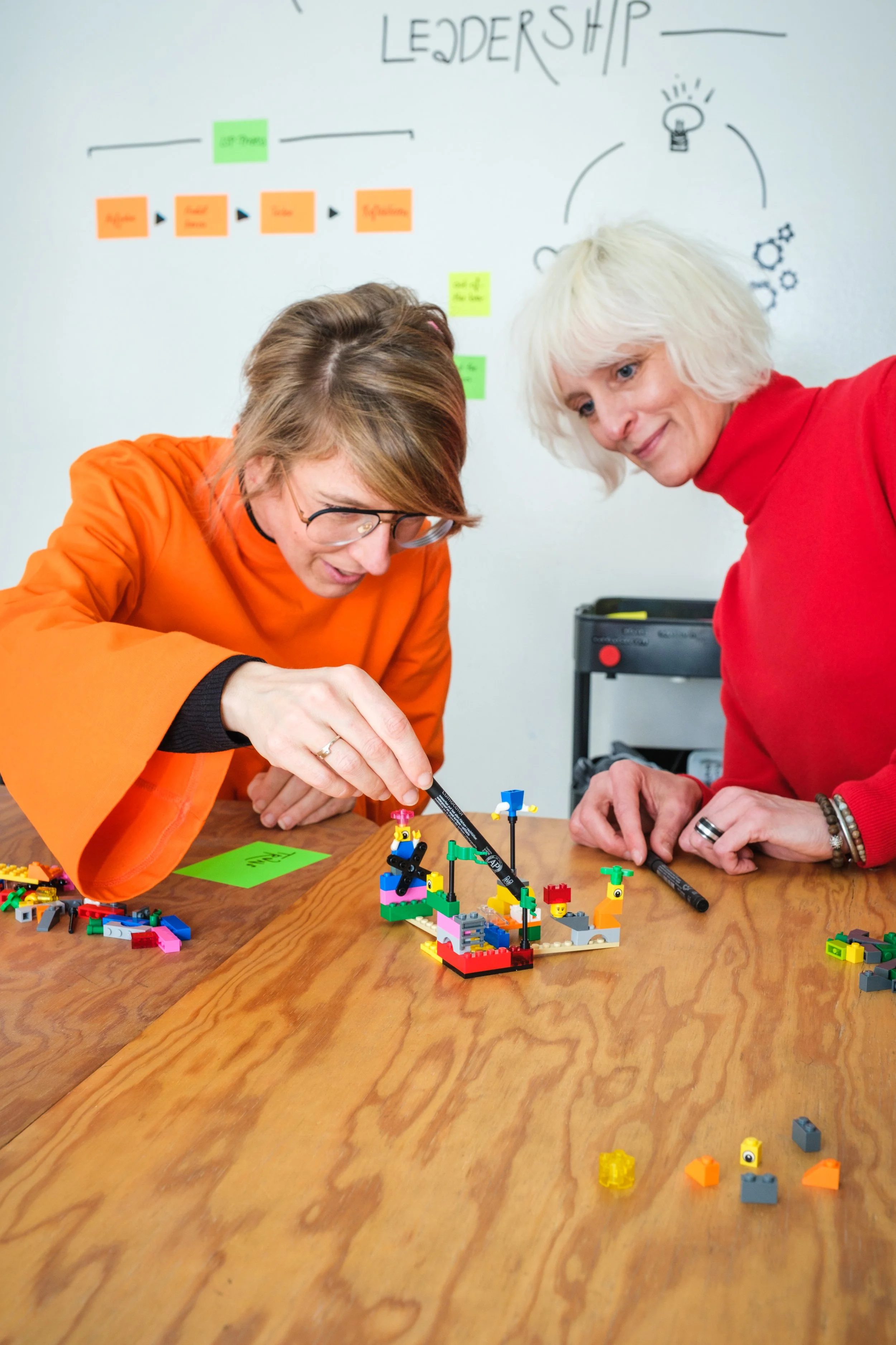 Zwei Frauen bauen ein Lego-Modell auf einem Holztisch, im Hintergrund Whiteboard mit Skizzen und Text über Führung.