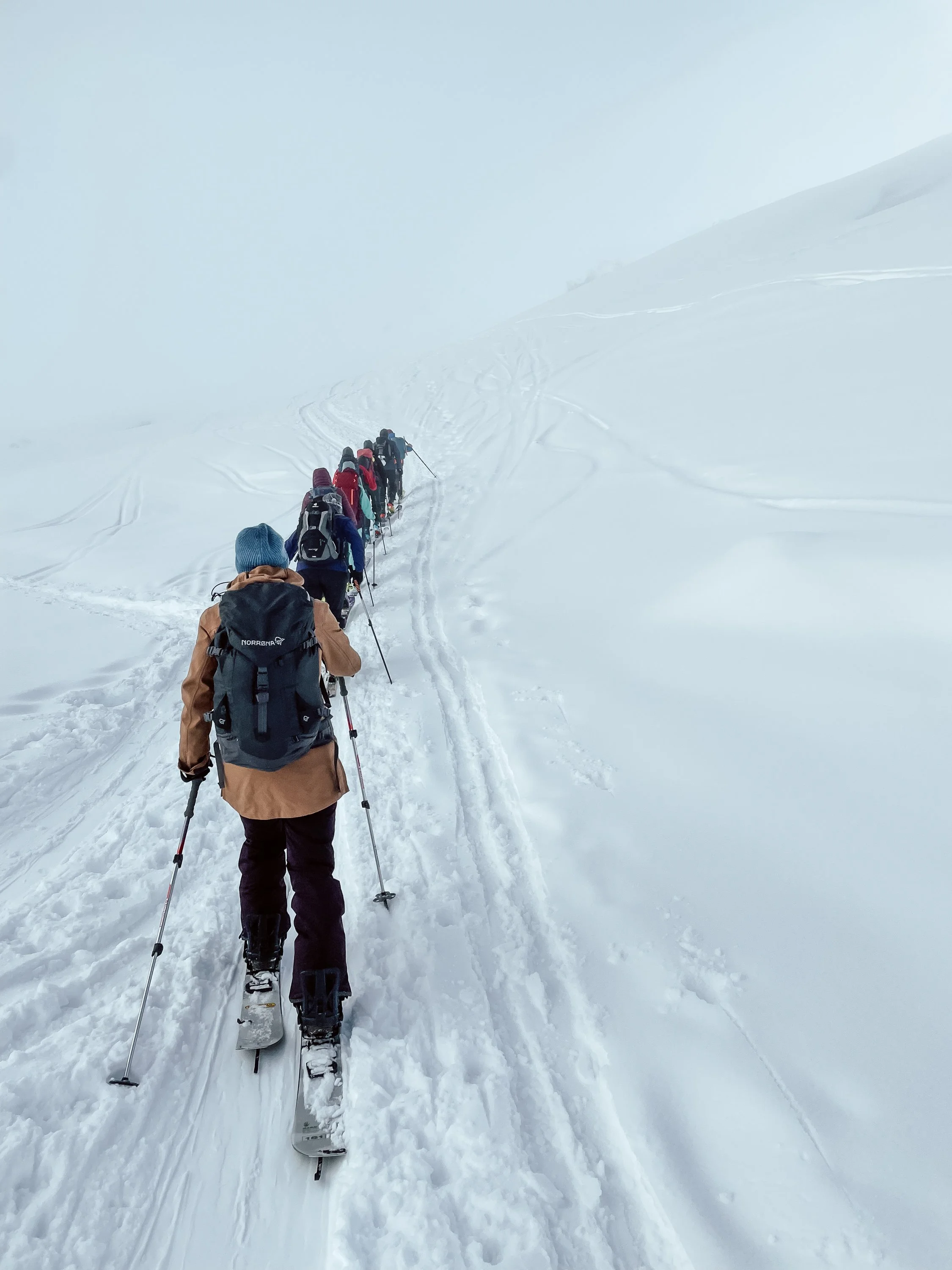 Gruppe von Menschen beim Skitouren in verschneiter Berglandschaft.
