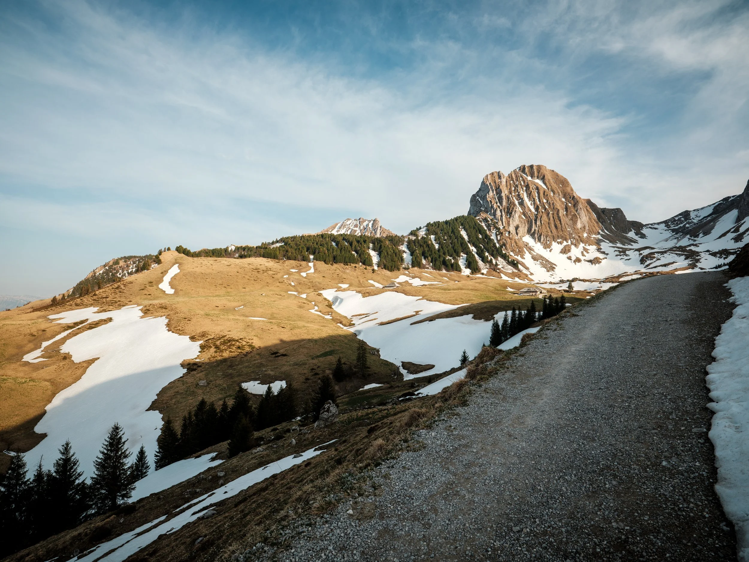 Berglandschaft mit Wanderweg, Gletscherspuren, hohen Bergen und einigen Bäumen, unter blauem Himmel